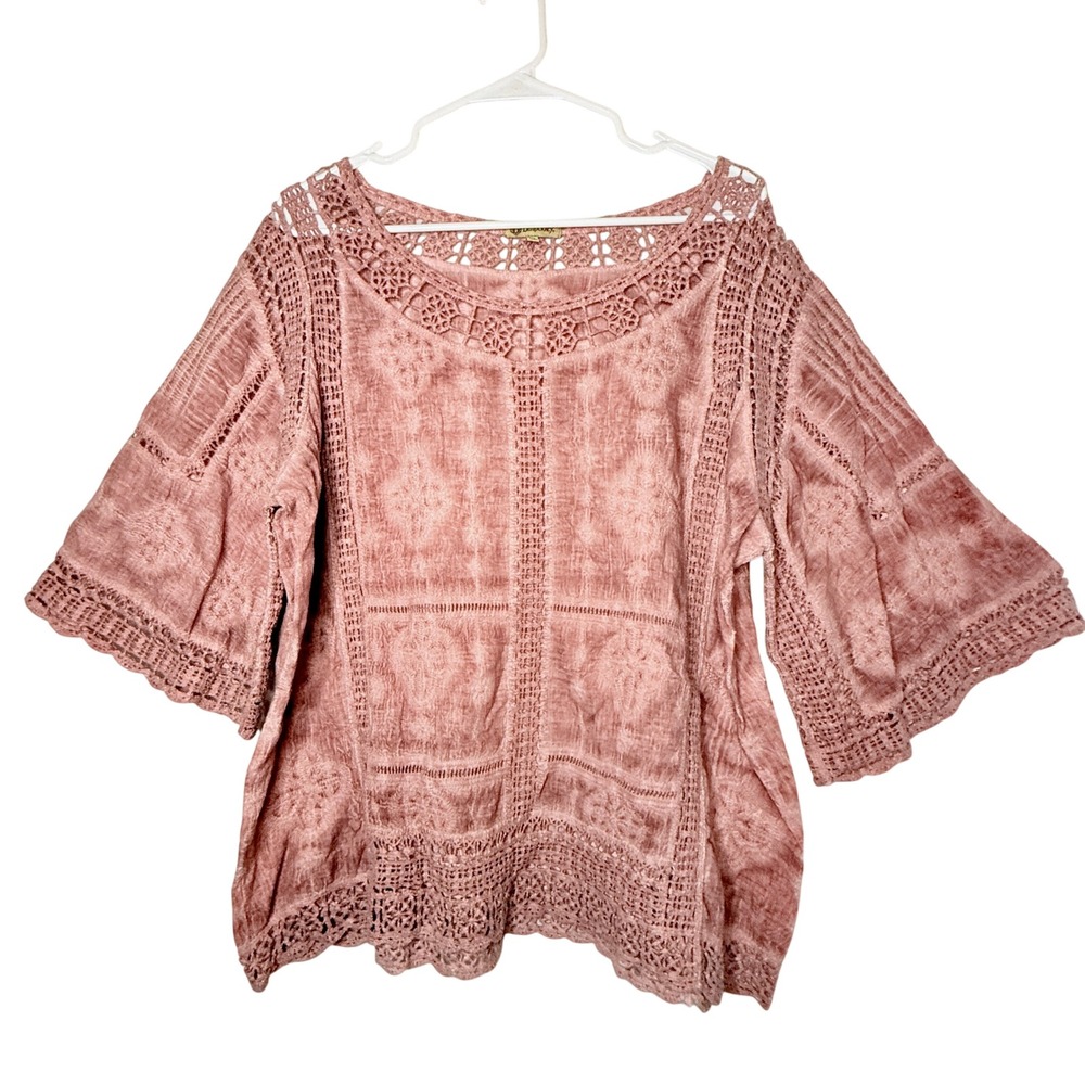 Democracy Dusty Pink Crochet Lace Bell Sleeve Blouse XL Boho Romantic